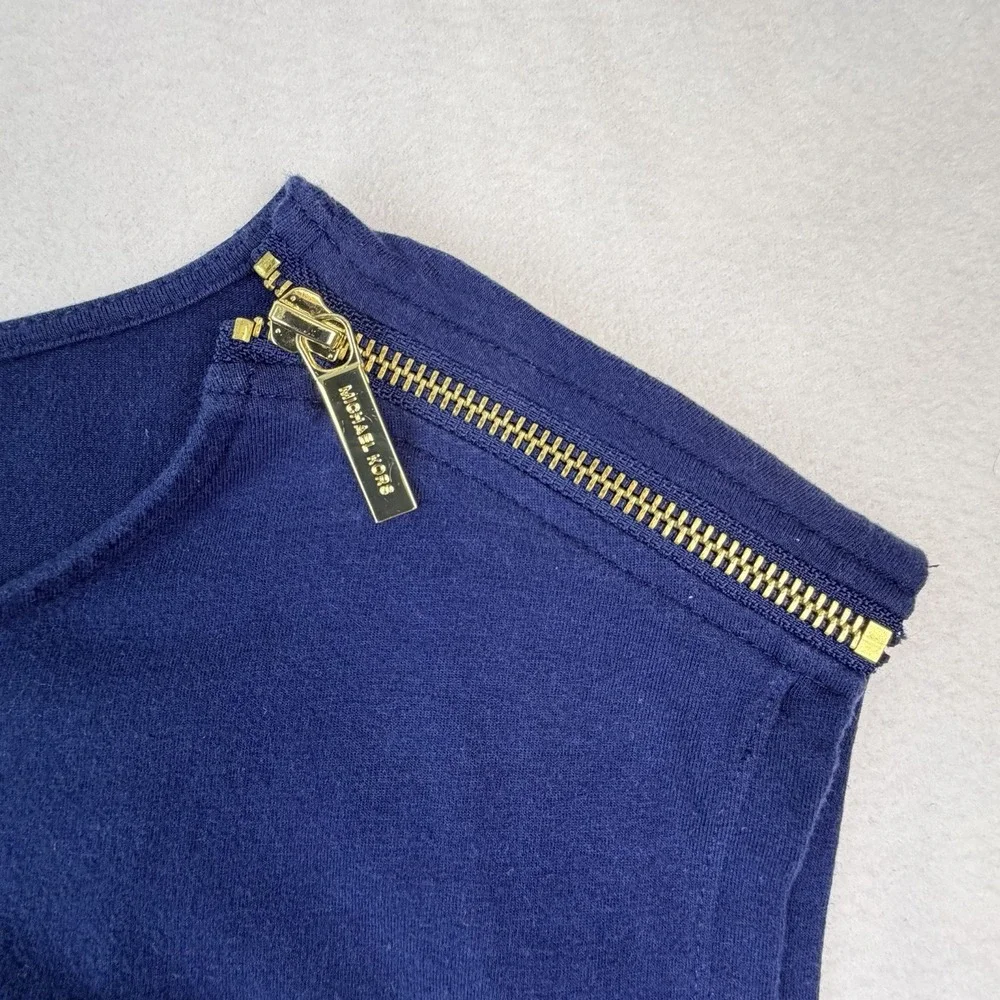 Michael Kors Shirt Womens Medium Navy Gold Shoulder Zipper Rouched Sleeveless